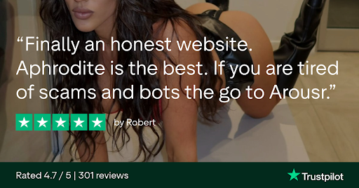 5 star Trustpilot member review of Arousr featuring a brunette chat host wearing BDSM attire